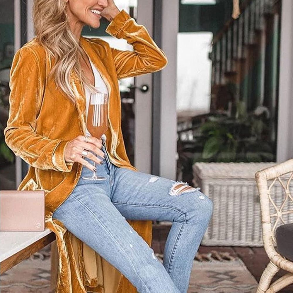 Longline Gold Velvet Retro Duster Trench Coat Smoking Jacket